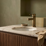 Bathroom vanity with marble countertop, sink, and antique brass basin mixer with round spout