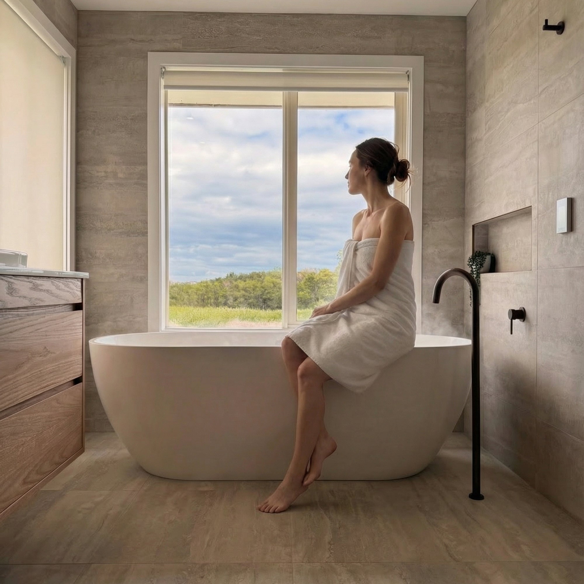 A lifestyle photo showing the antique brass floor spout over a bath overlooking the garden. 