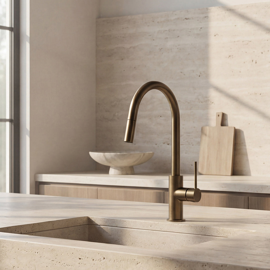 Notorious Pull Out Kitchen Mixer Antique Brass