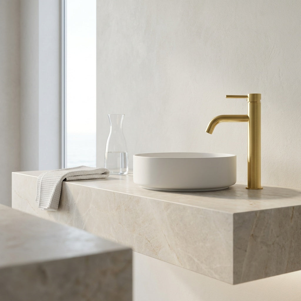 Modern bathroom vanity with a white sink and brushed gold tall basin mixer on a marble countertop.
