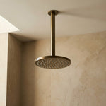 Antique Brass ceiling arm shown with shower head in a bathroom