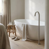 Modern bathroom with a freestanding bathtub and brushed nickel floor spout.