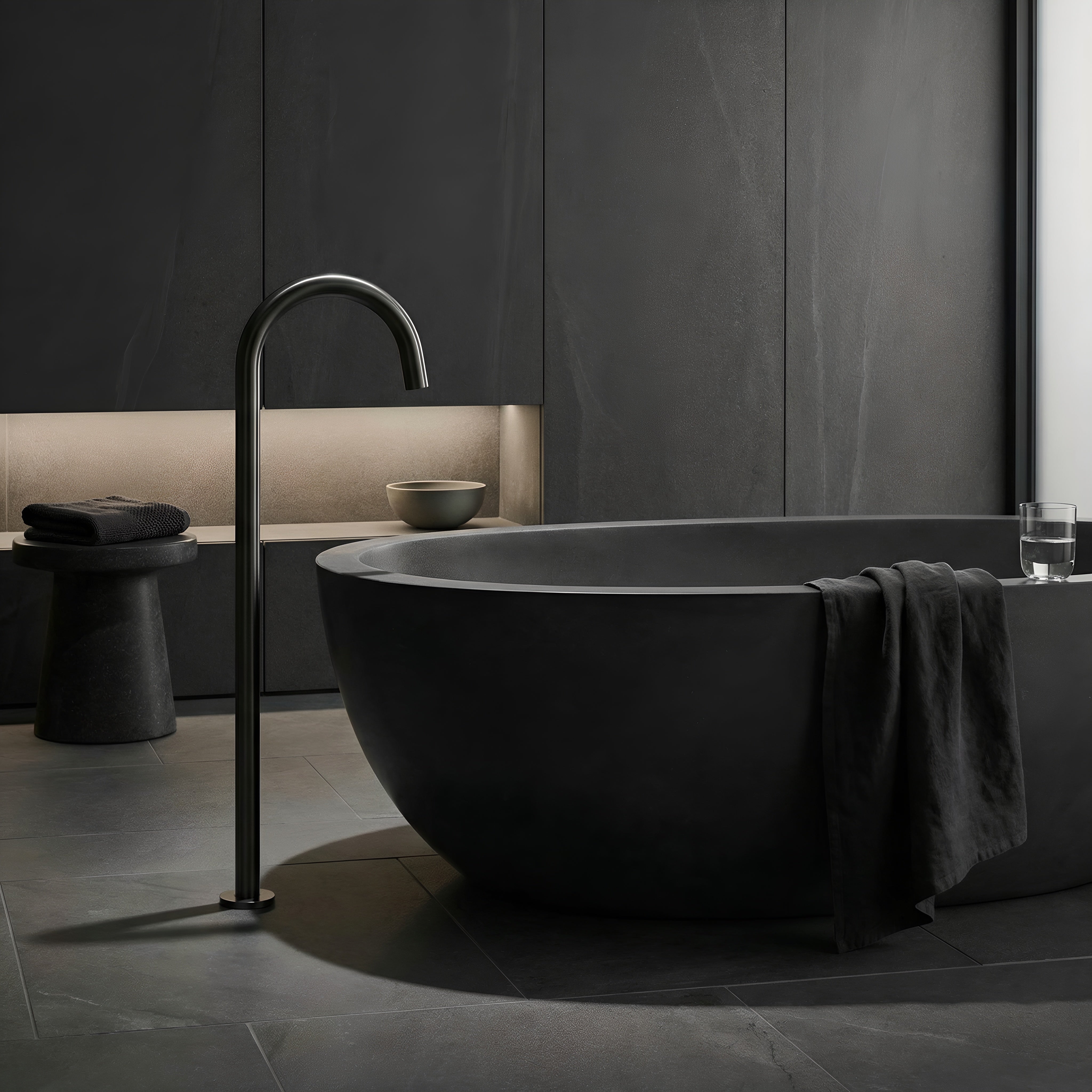 Modern black freestanding bathtub with a sleek gun metal floor spout in a minimalistic bathroom.