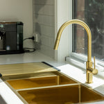 Kitchen Laundry Pull Out Mixer Brushed Gold teamed with a matching dual sink