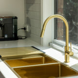 Kitchen Laundry Pull Out Mixer Brushed Gold teamed with a matching dual sink