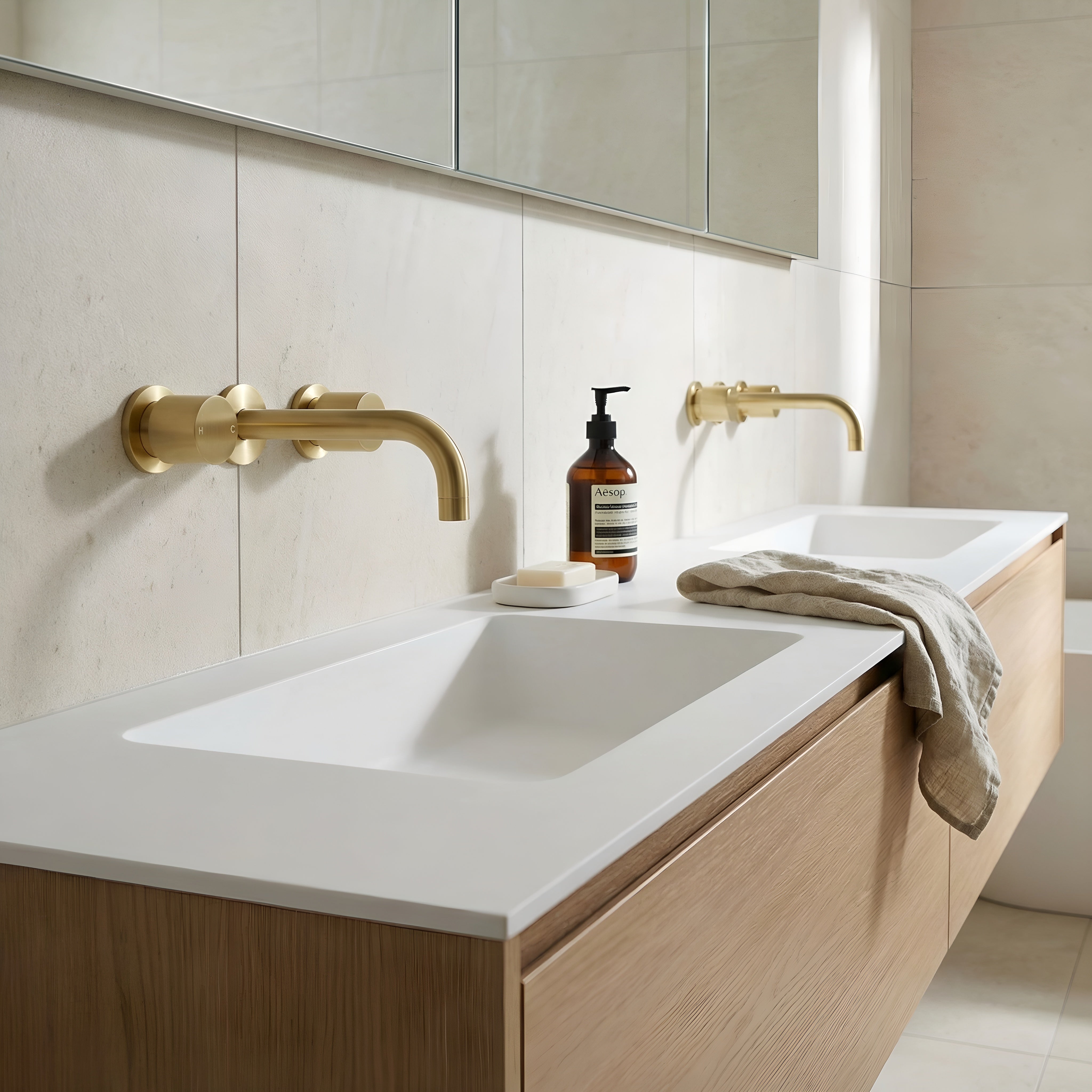 Modern bathroom sink with brushed gold round wall taps and wall spout on wooden cabinet.