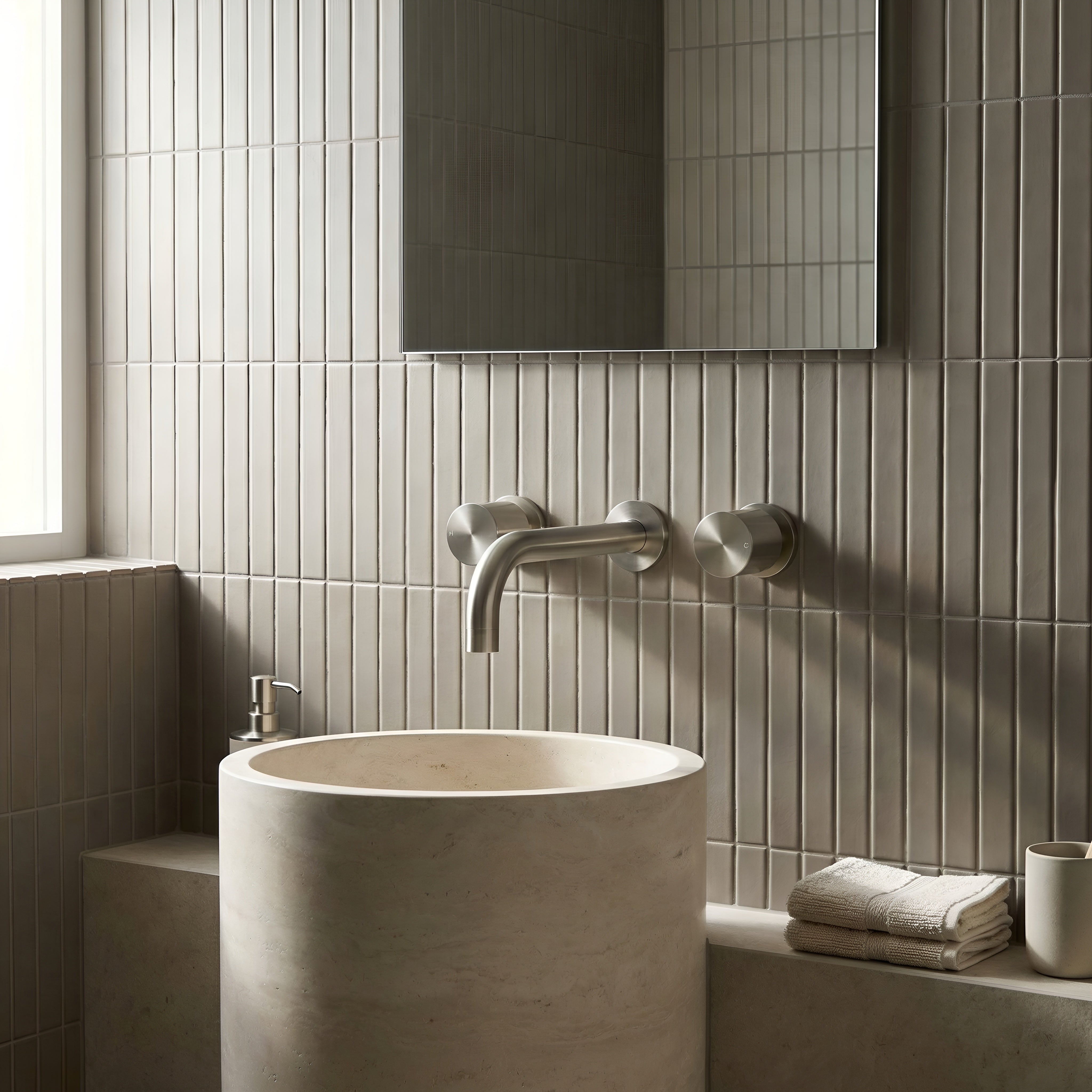 Modern bathroom with a freestanding sink and tiled walls with brushed nickel round wall taps and wall spout.