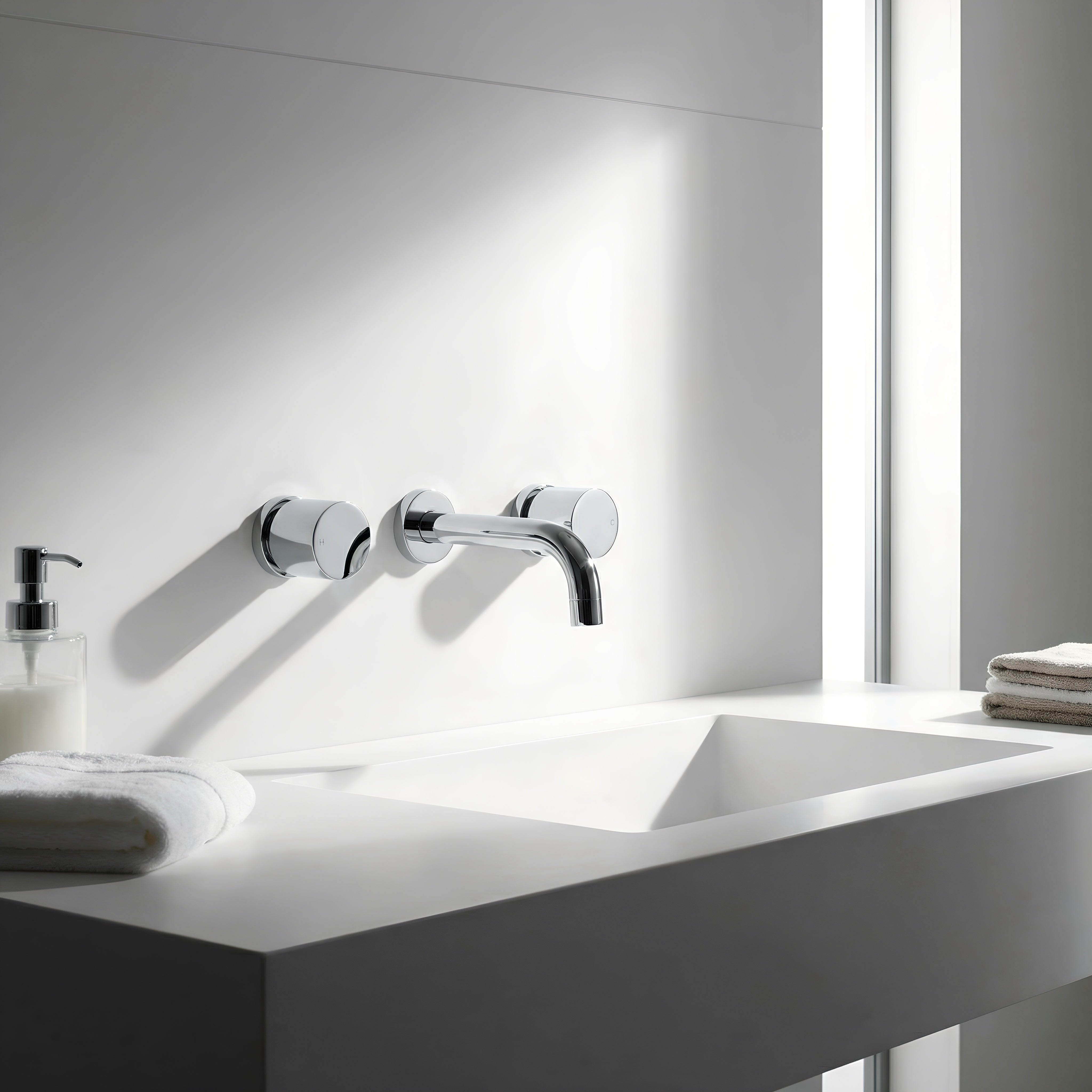 Modern bathroom sink with chrome round wall taps with wall spout on a white countertop.