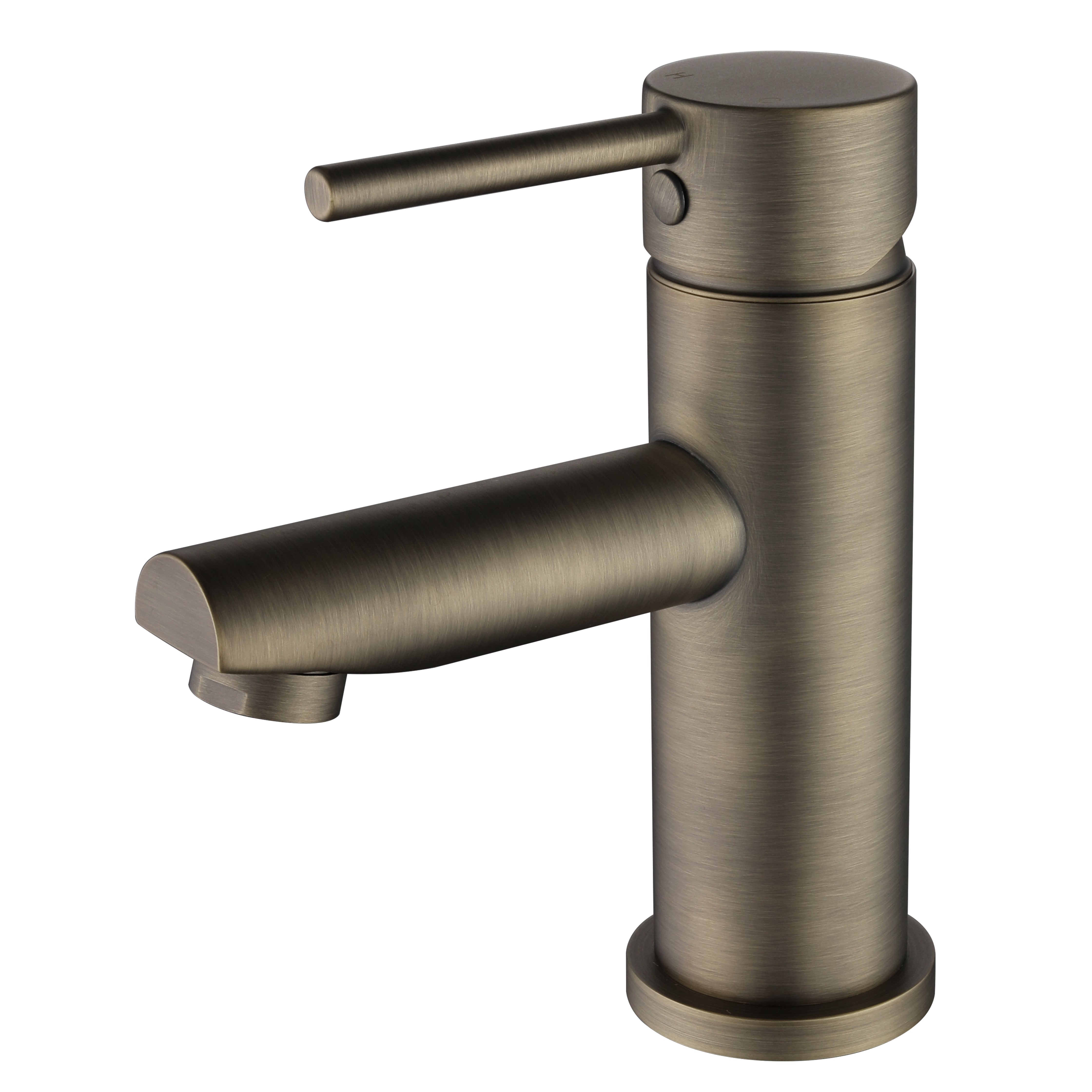 an antique brass basin mixer tap with a round spout on a white background