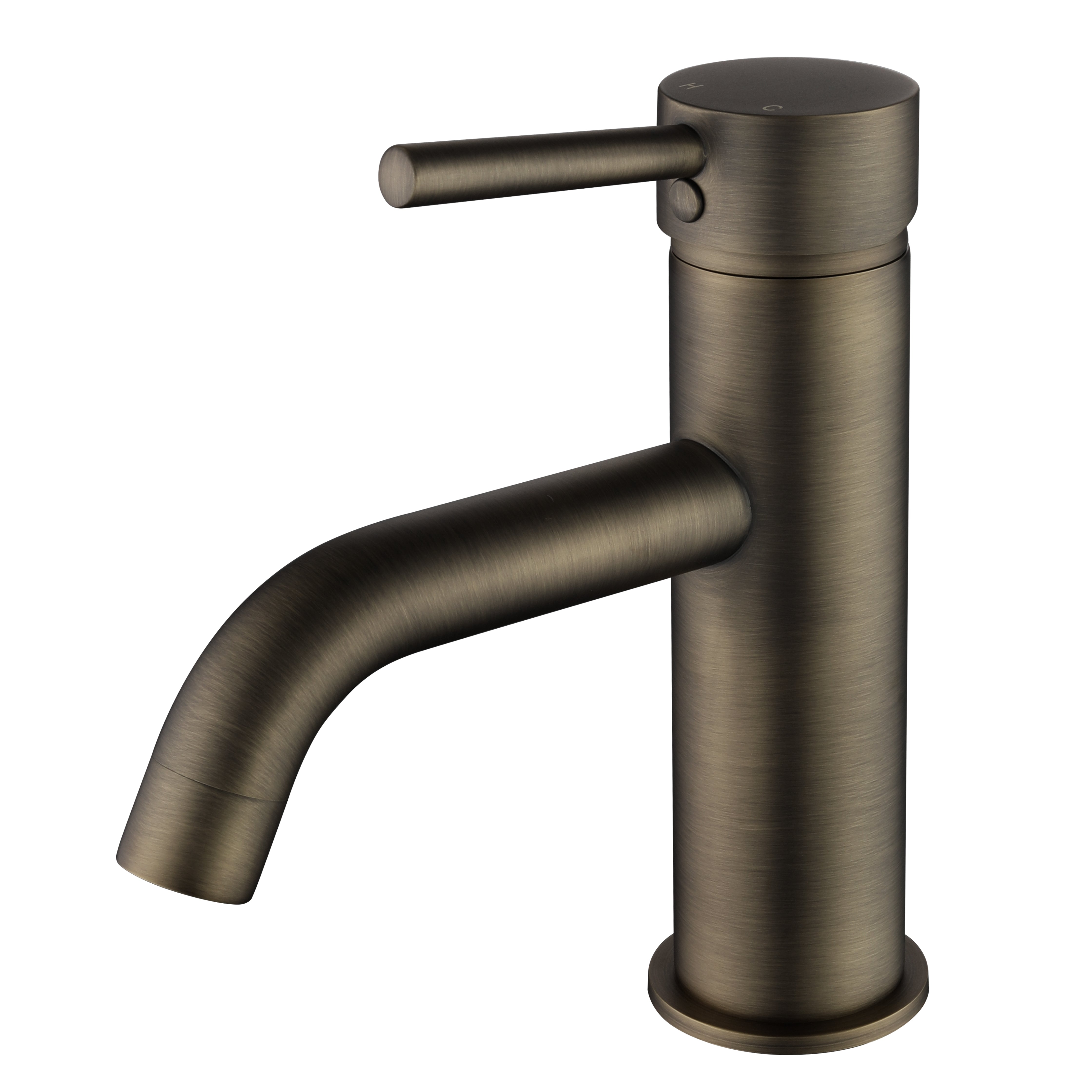 An antique brass basin mixer tap with a curved spout on a white background