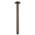an antique brass ceiling mounted arm, designed for holding shower heads, on a white background