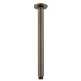 an antique brass ceiling mounted arm, designed for holding shower heads, on a white background