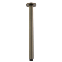 an antique brass ceiling mounted arm, designed for holding shower heads, on a white background