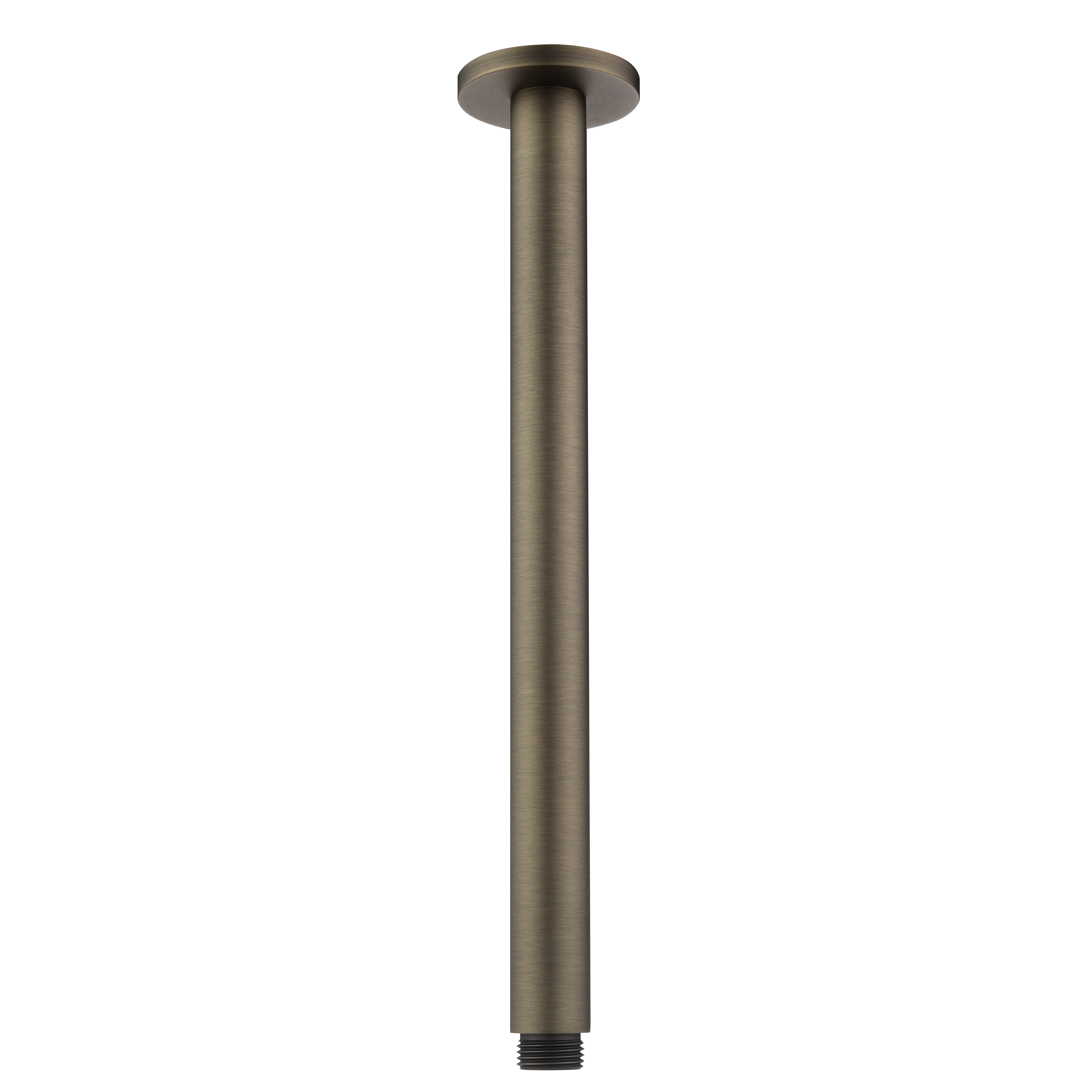 an antique brass ceiling mounted arm, designed for holding shower heads, on a white background