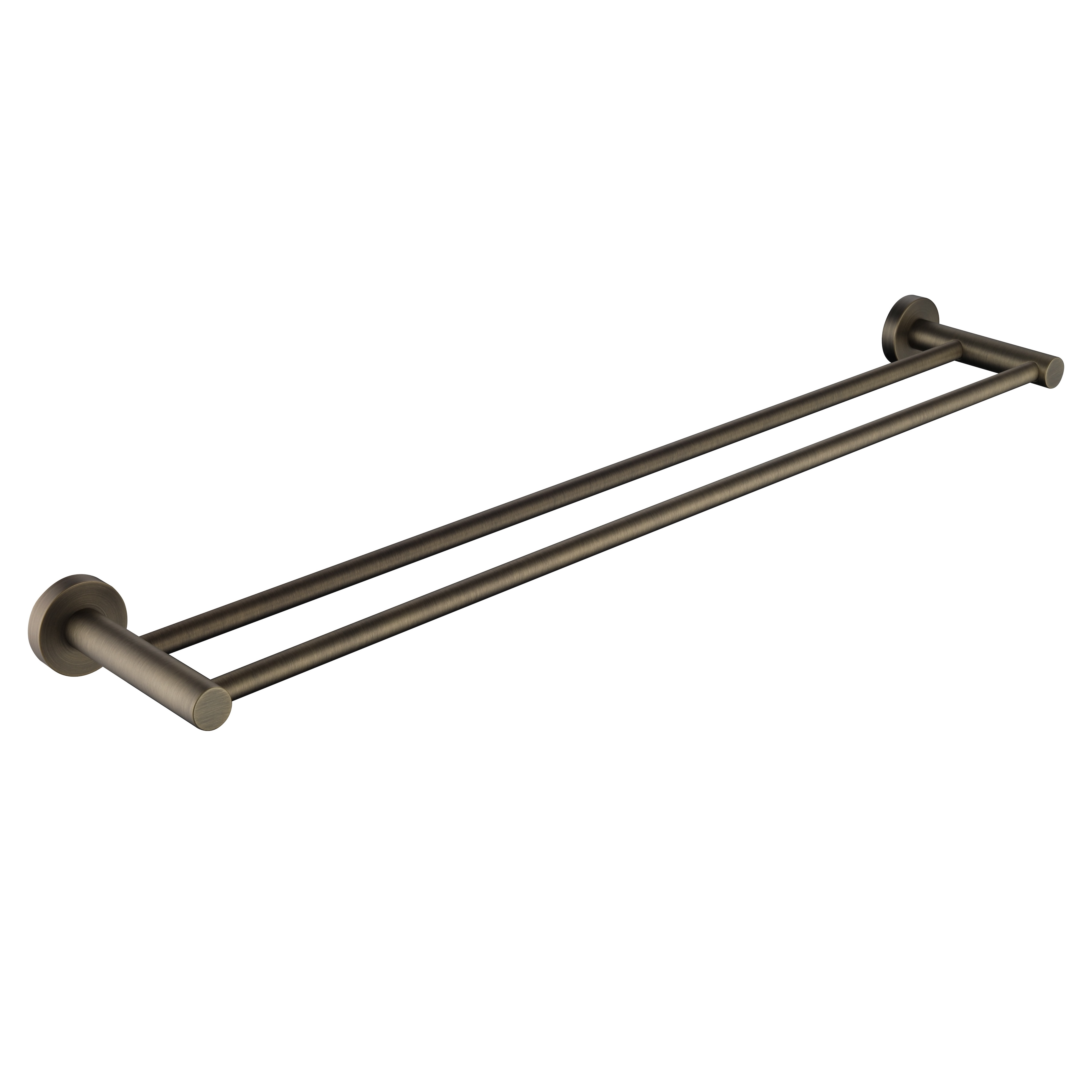 an antique brass double towel rail wall mounted set against a white background