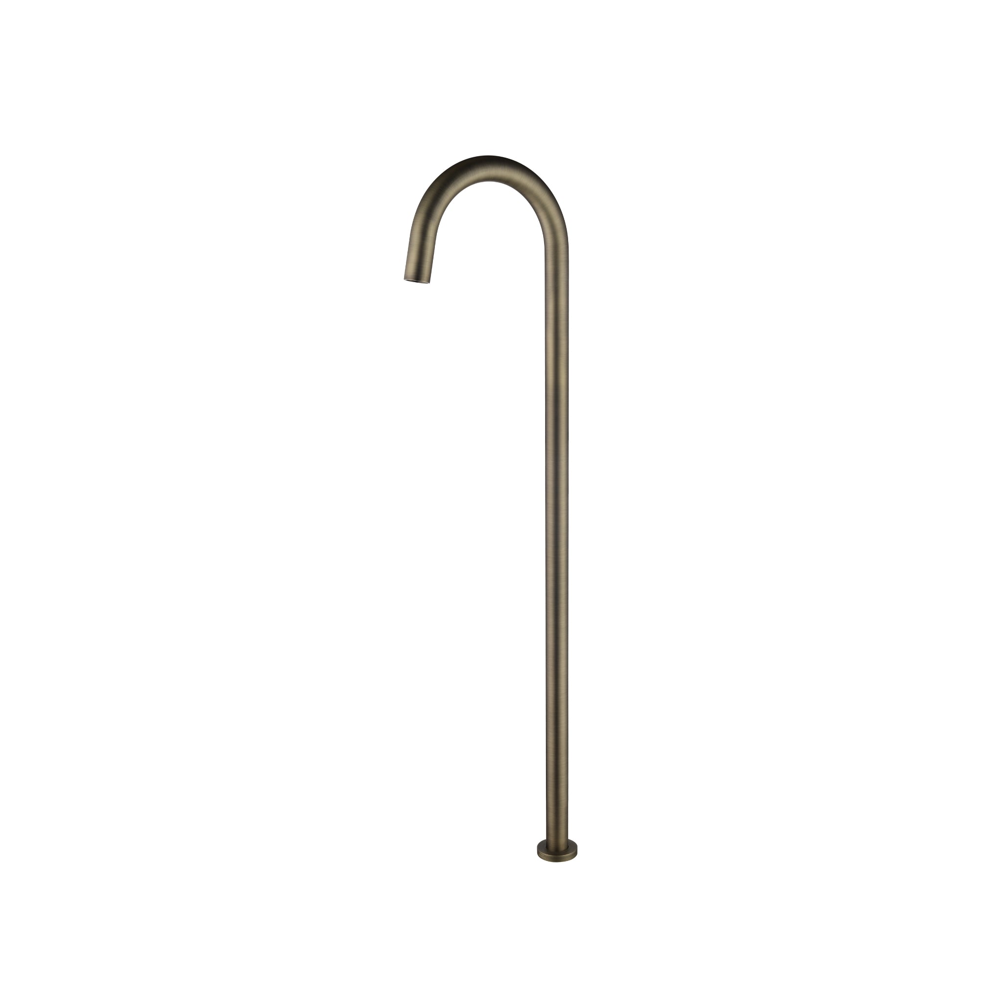 an antique brass floor bath spout, with a curved design, set against a white background
