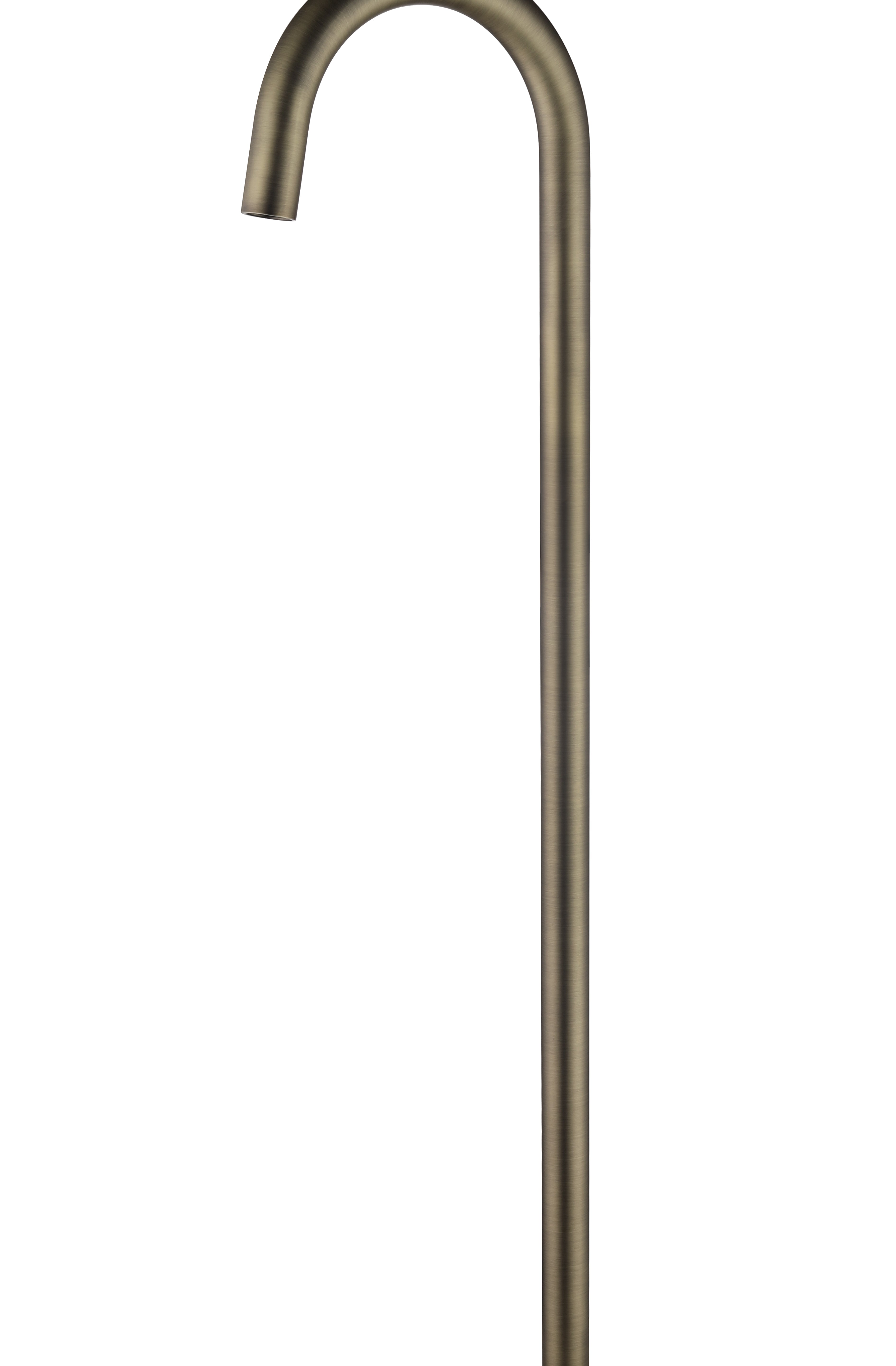 an antique brass floor bath spout, with a curved design, set against a white background