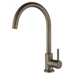 an antique brass kitchen laundry mixer tap with a gooseneck on a white background