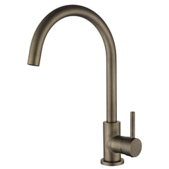 an antique brass kitchen laundry mixer tap with a gooseneck on a white background