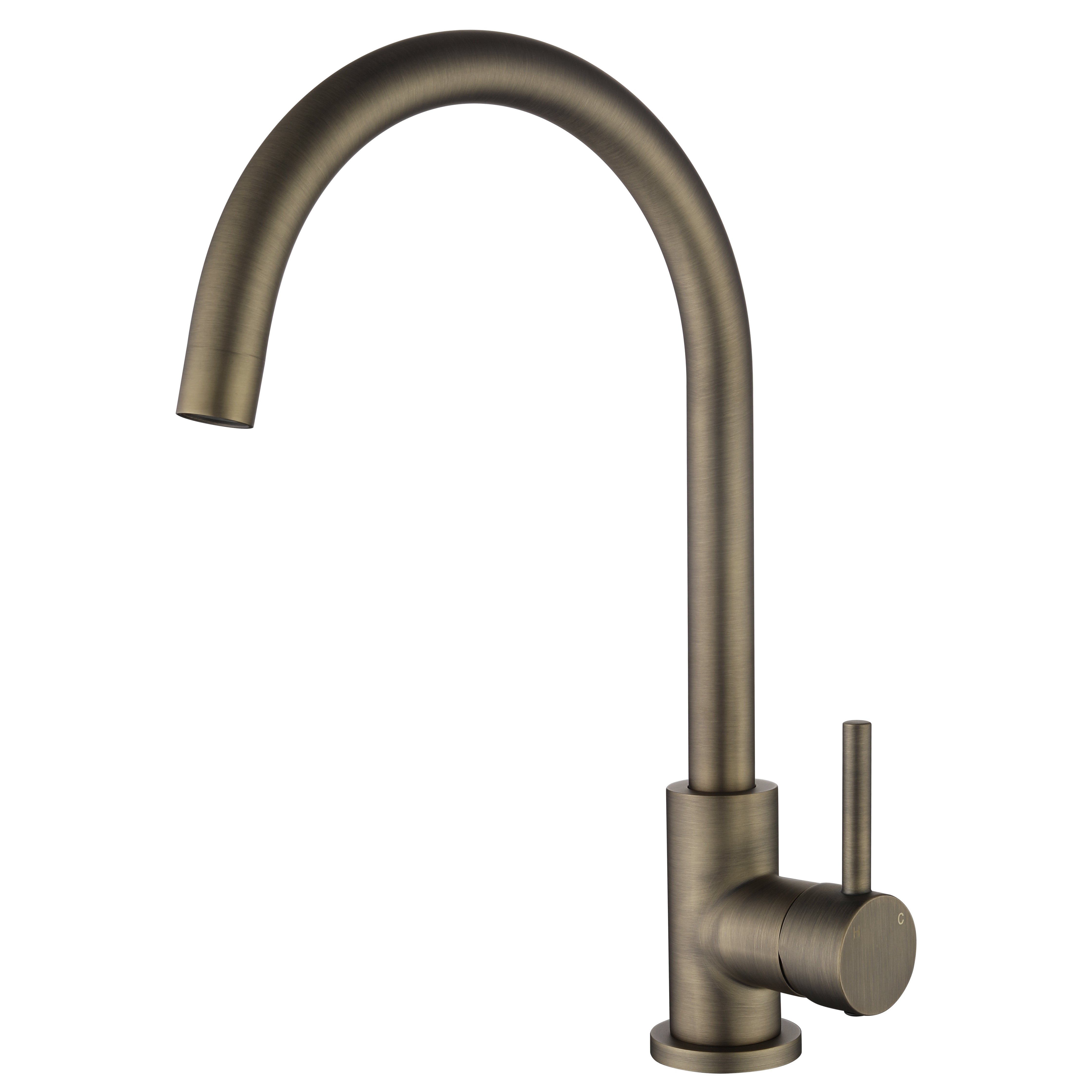 an antique brass kitchen laundry mixer tap with a gooseneck on a white background