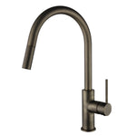 an antique brass pull out kitchen laundry mixer tap with a gooseneck on a white background