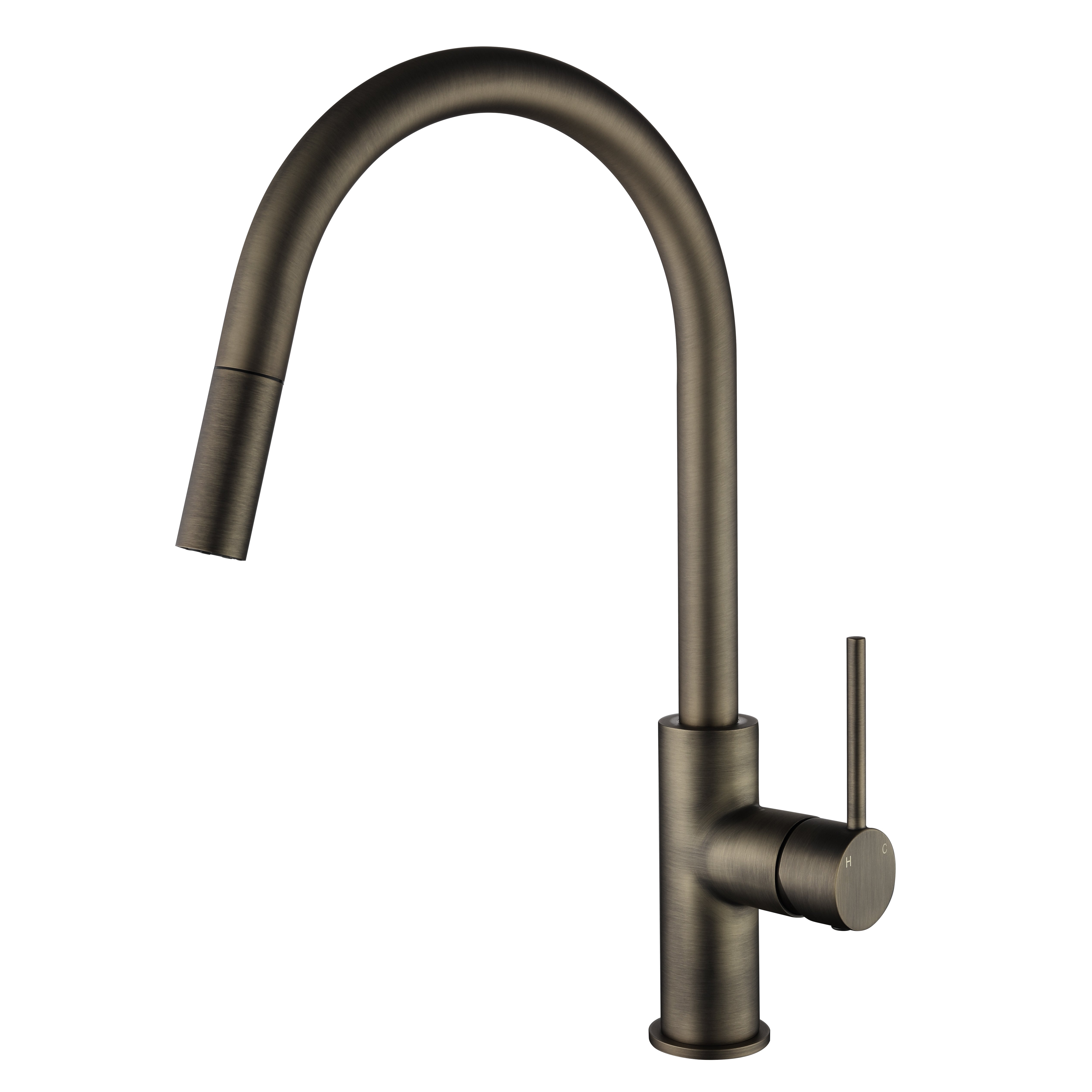 an antique brass pull out kitchen laundry mixer tap with a gooseneck on a white background