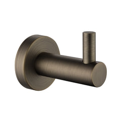 A single antique brass robe hook with a round base and a single hook wall mounted on a white background