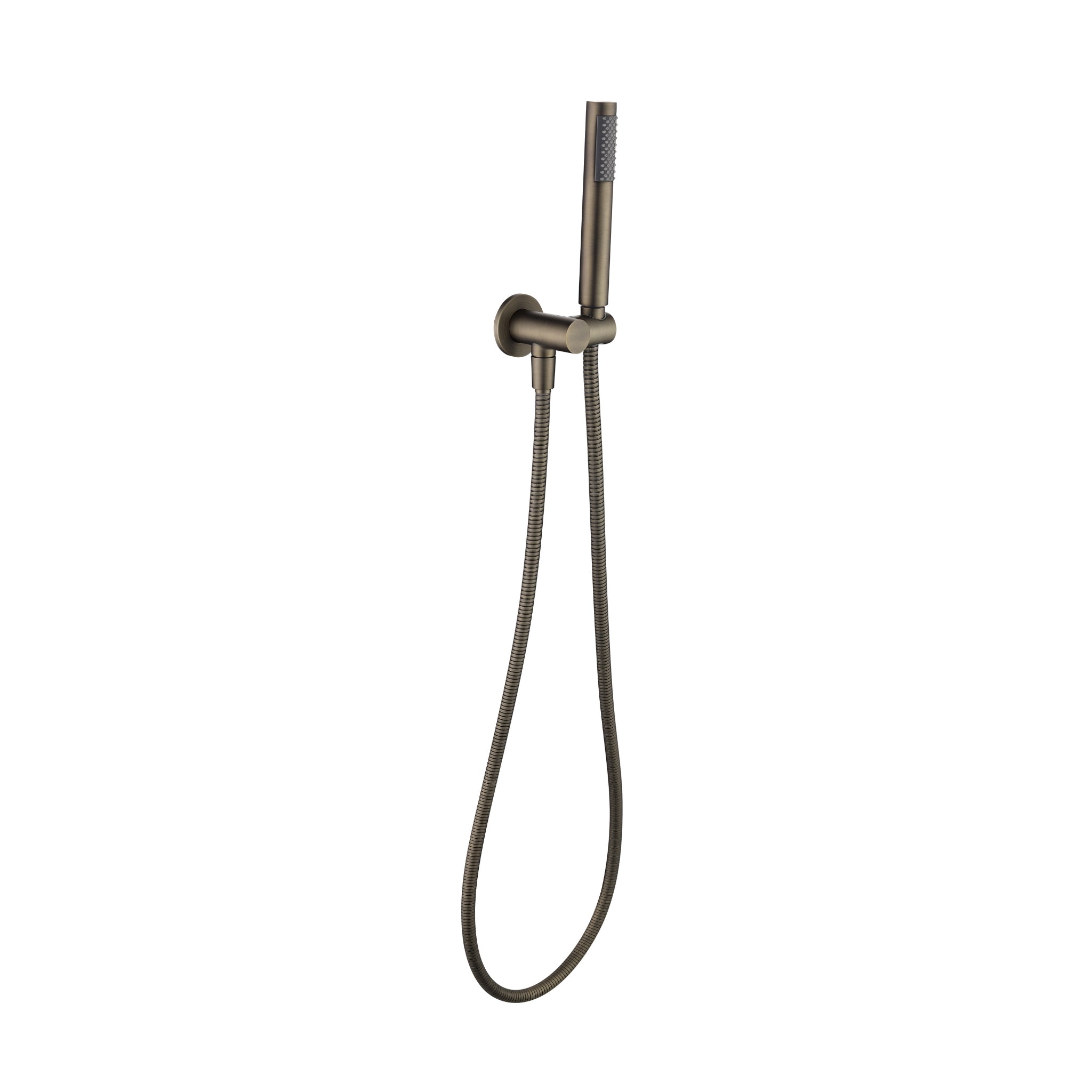 an antique brass shower handpiece mounted on a bracket, with a hose attached to it on a white background