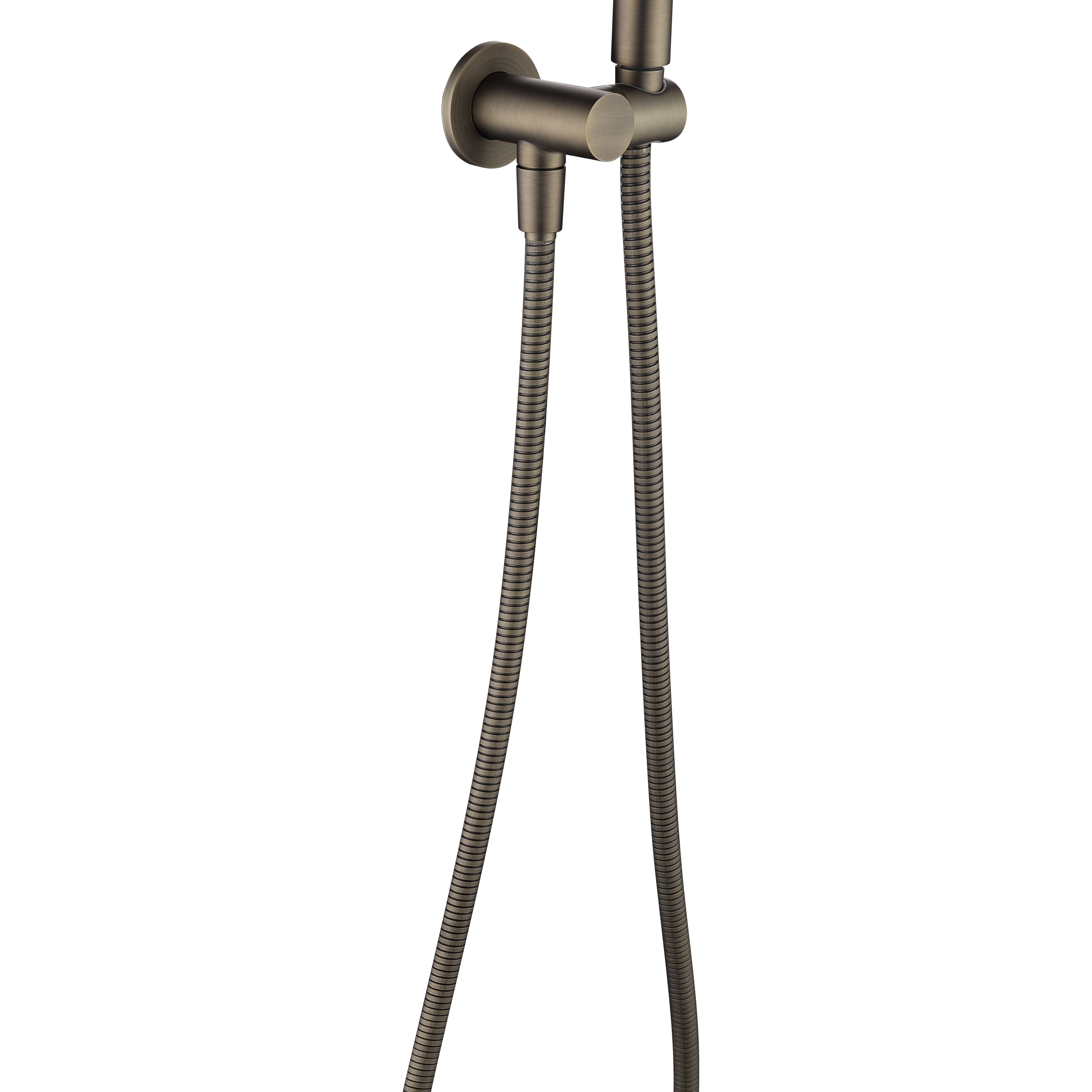 an antique brass shower handpiece mounted on a bracket, with a hose attached to it on a white background