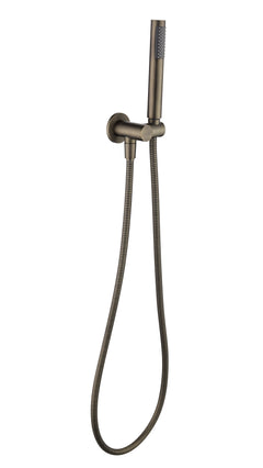 an antique brass shower handpiece mounted on a bracket, with a hose attached to it on a white background
