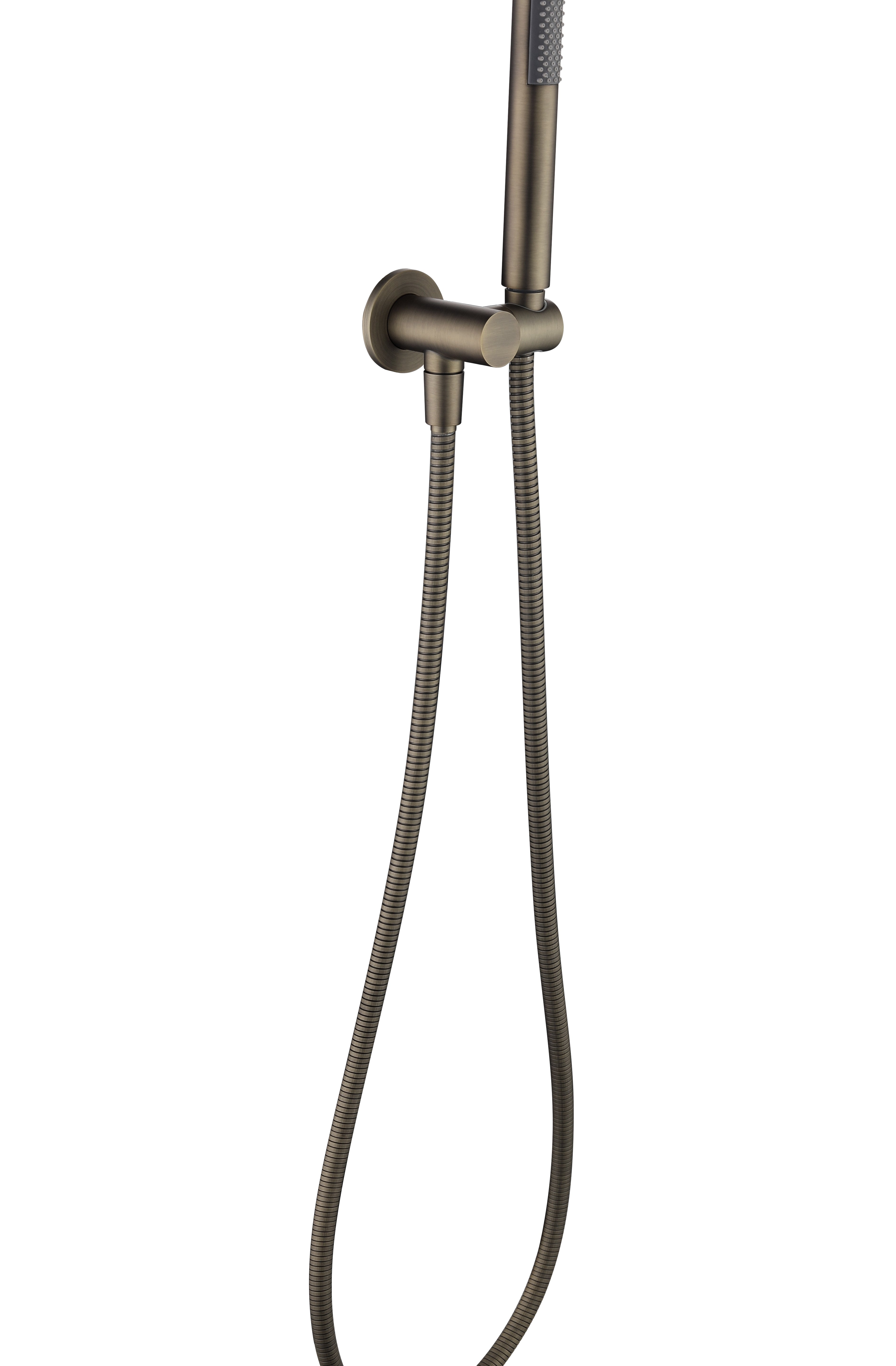 an antique brass shower handpiece mounted on a bracket, with a hose attached to it on a white background