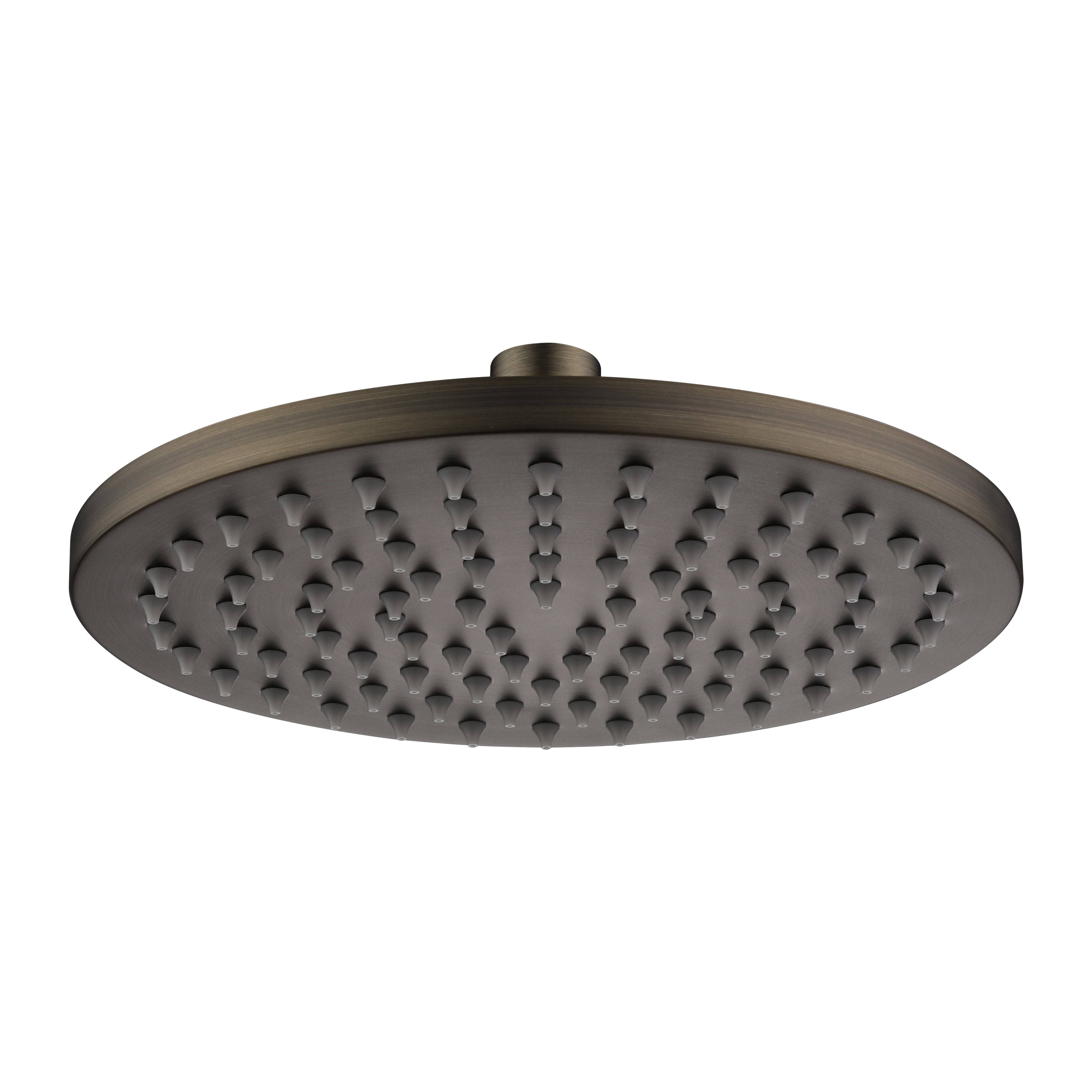 An antique brass shower head on a white background