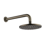 Antique Brass shower head with arm on a white background