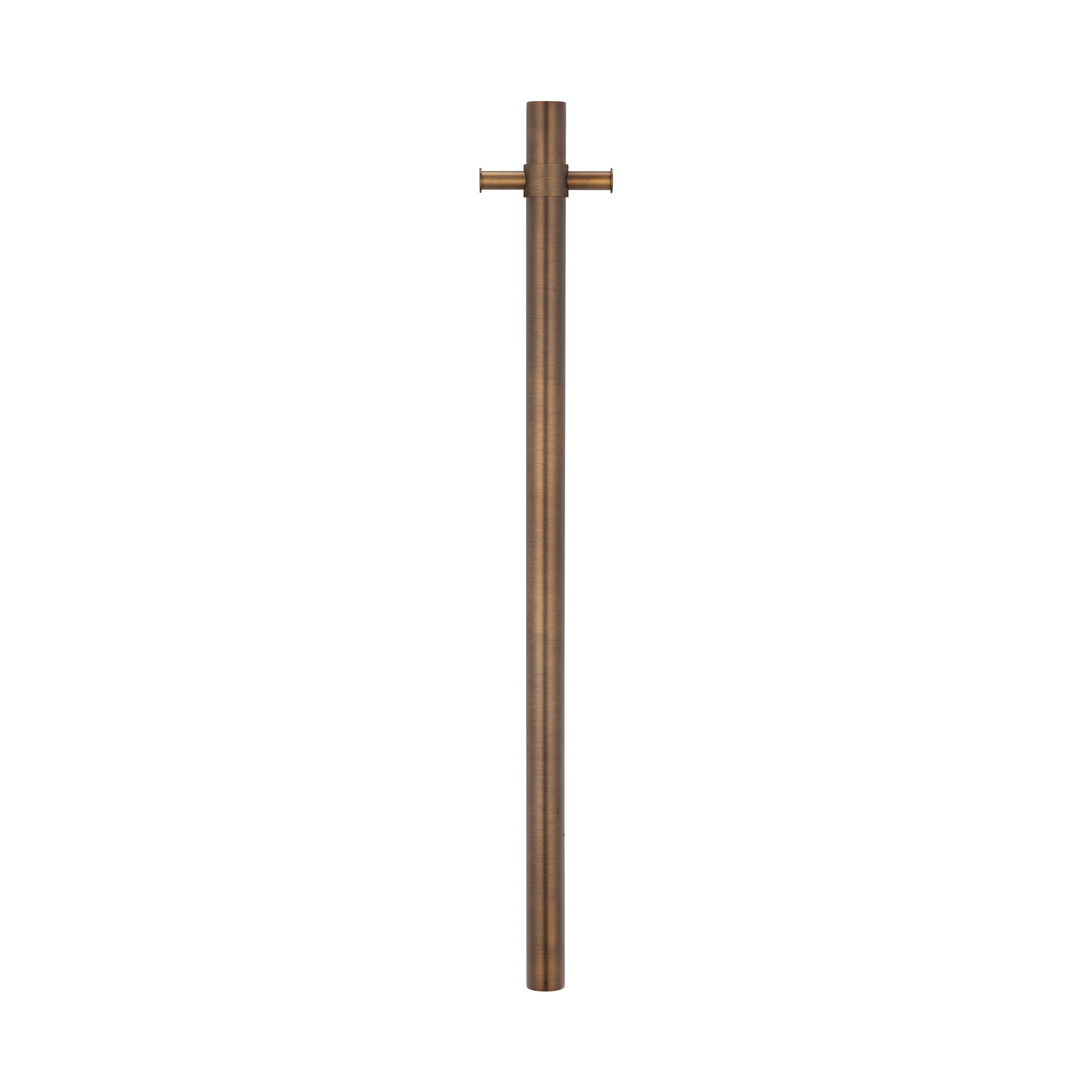 antique brass single upright bar heated towel rail on a white background