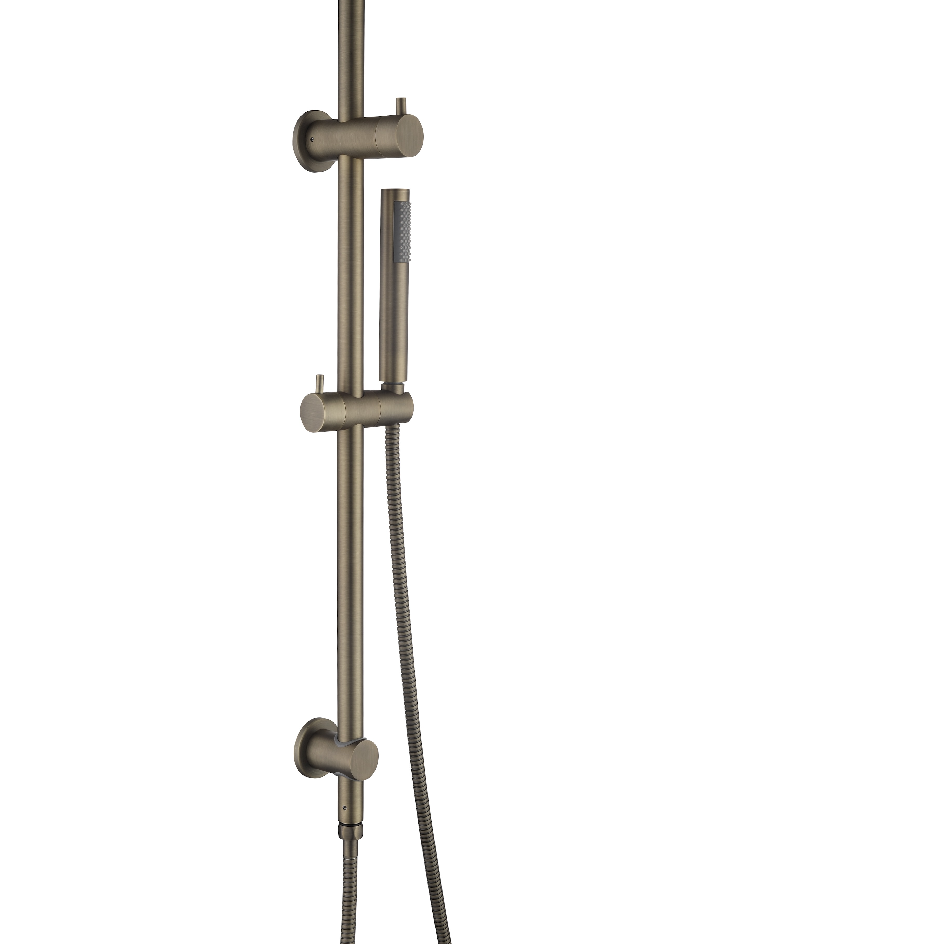 Antique Brass Twin Round Combination Shower Rail with Diverter and Hand Held wand on white background