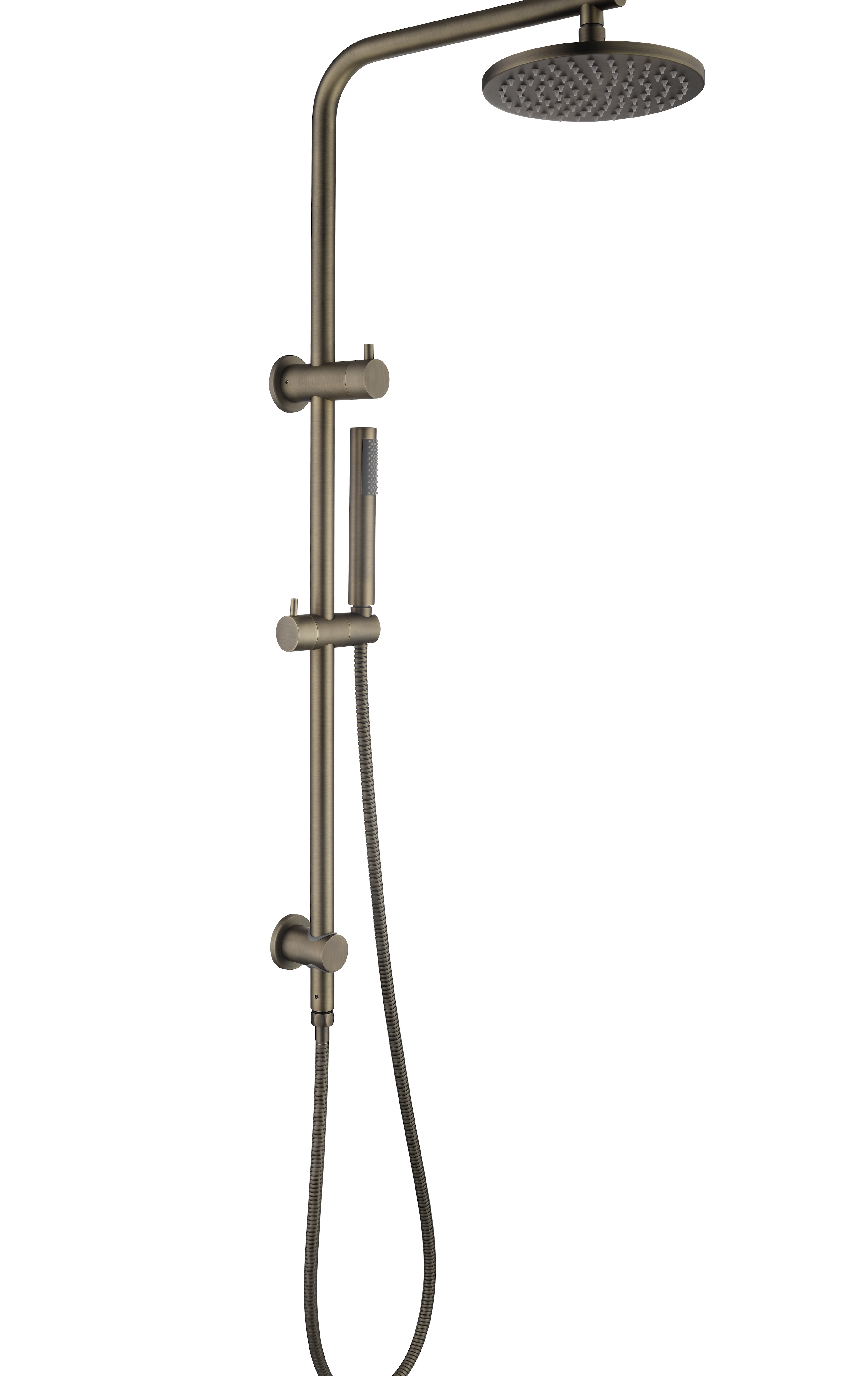 Antique Brass Twin Round Combination Shower Rail with Diverter and Hand Held wand on white background