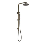 Antique brass shower head with handheld shower on a white background
