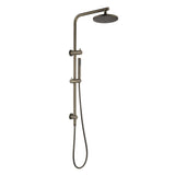 Antique brass shower head with handheld shower on a white background