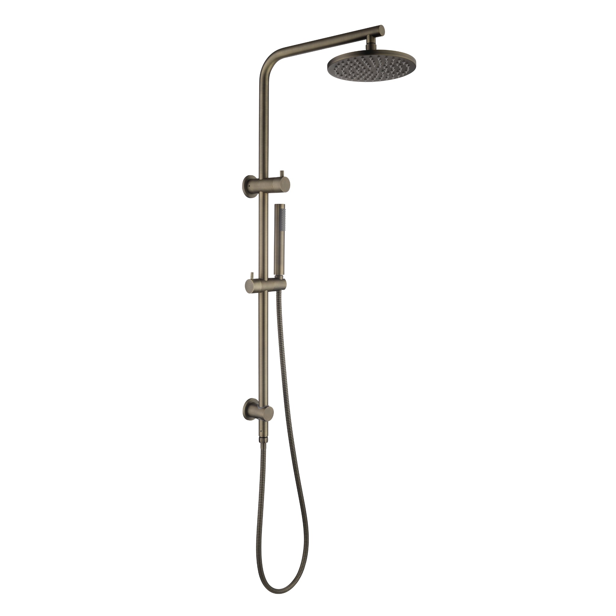 Antique brass shower head with handheld shower on a white background