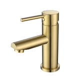 A brushed gold basin mixer tap with a round spout on a white background