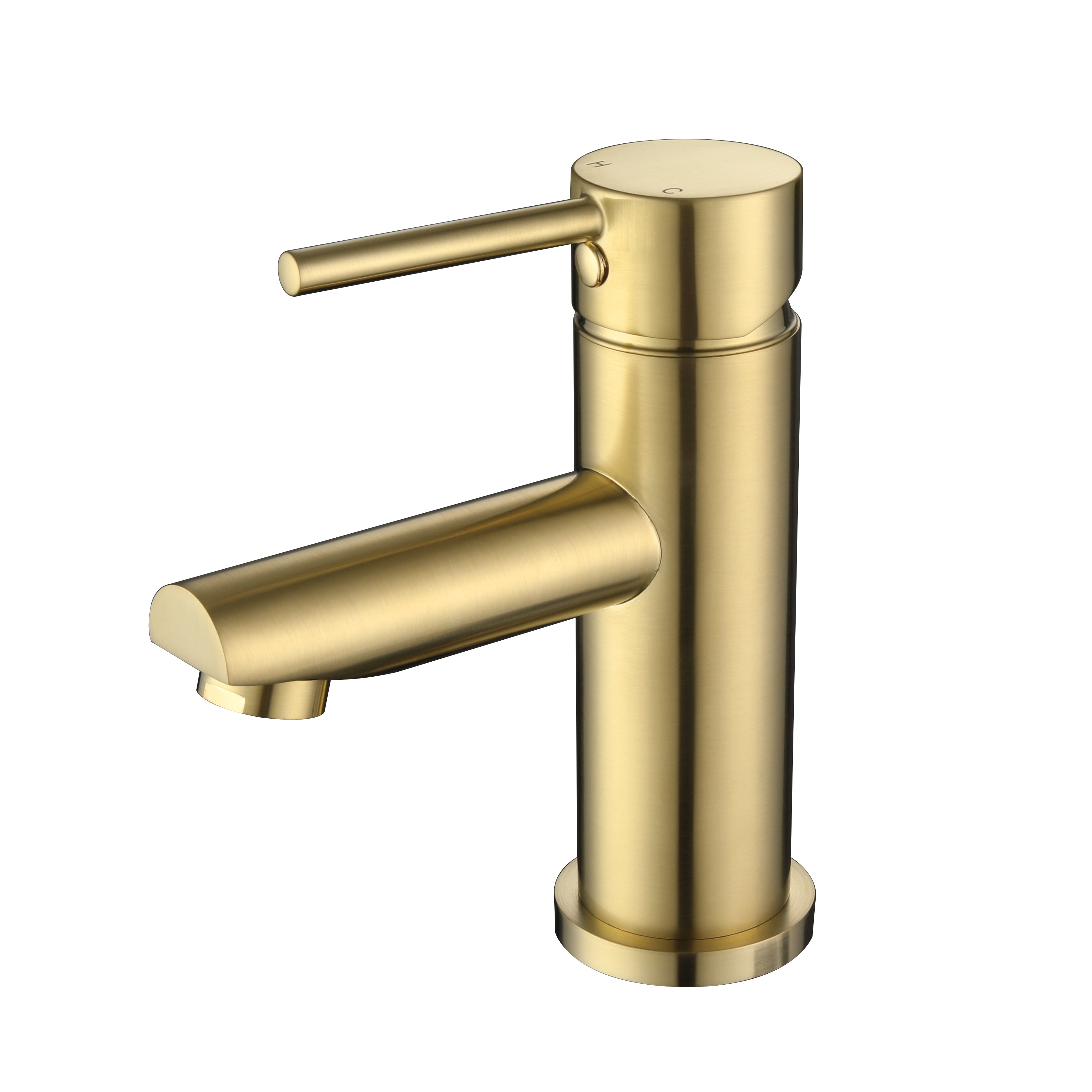 A brushed gold basin mixer tap with a round spout on a white background