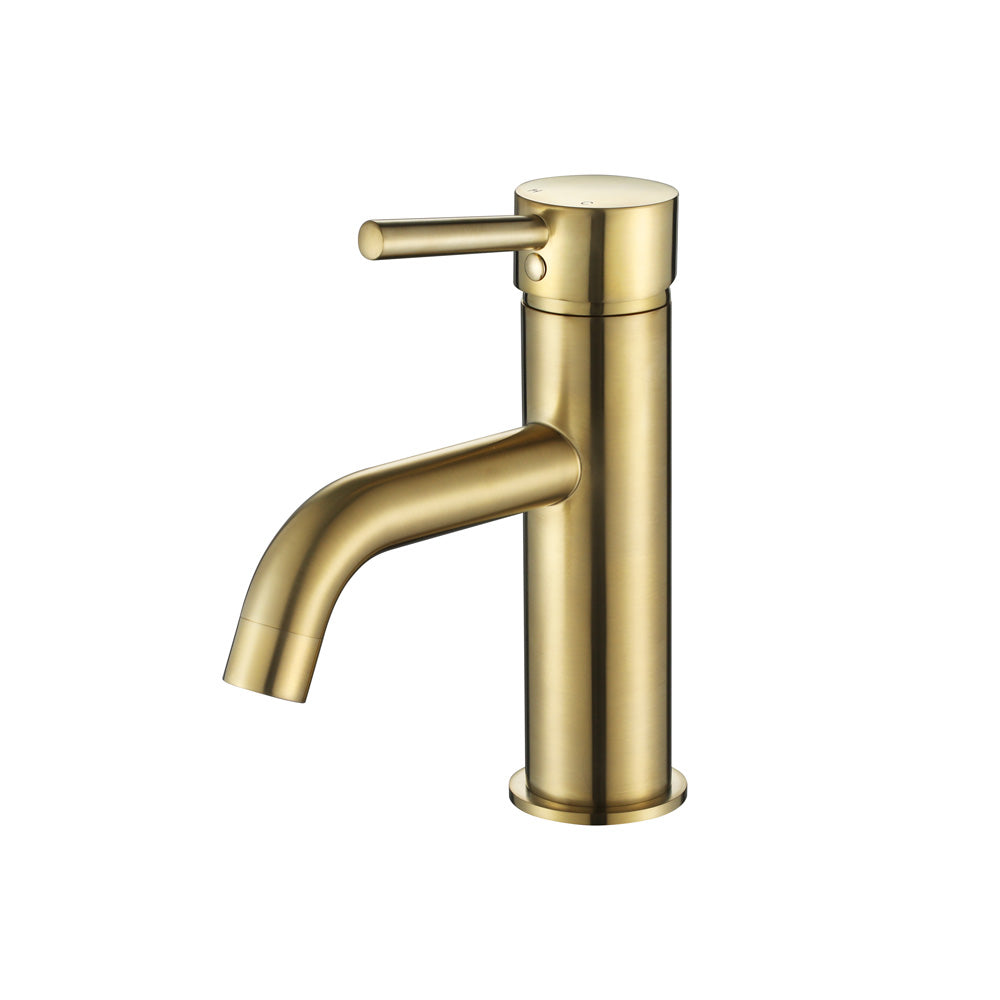 A brushed gold basin mixer tap with a curved spout on a white background