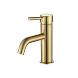 A brushed gold basin mixer tap with a curved spout on a white background