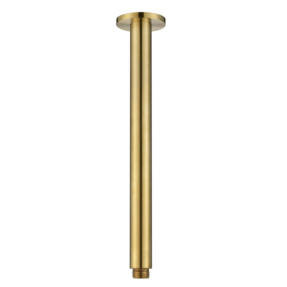 A brushed gold ceiling mounted arm, designed for holding shower heads, on a white background