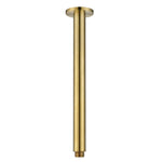 A brushed gold ceiling mounted arm, designed for holding shower heads, on a white background