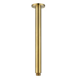 A brushed gold ceiling mounted arm, designed for holding shower heads, on a white background
