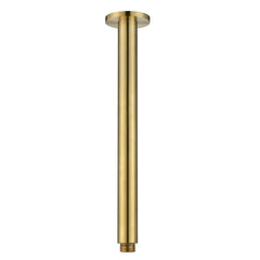 A brushed gold ceiling mounted arm, designed for holding shower heads, on a white background
