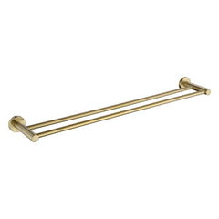A brushed gold double towel rail wall mounted set against a white background