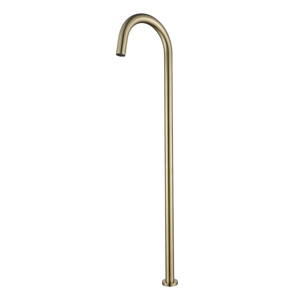 A brushed gold floor bath spout, with a curved design, set against a white background