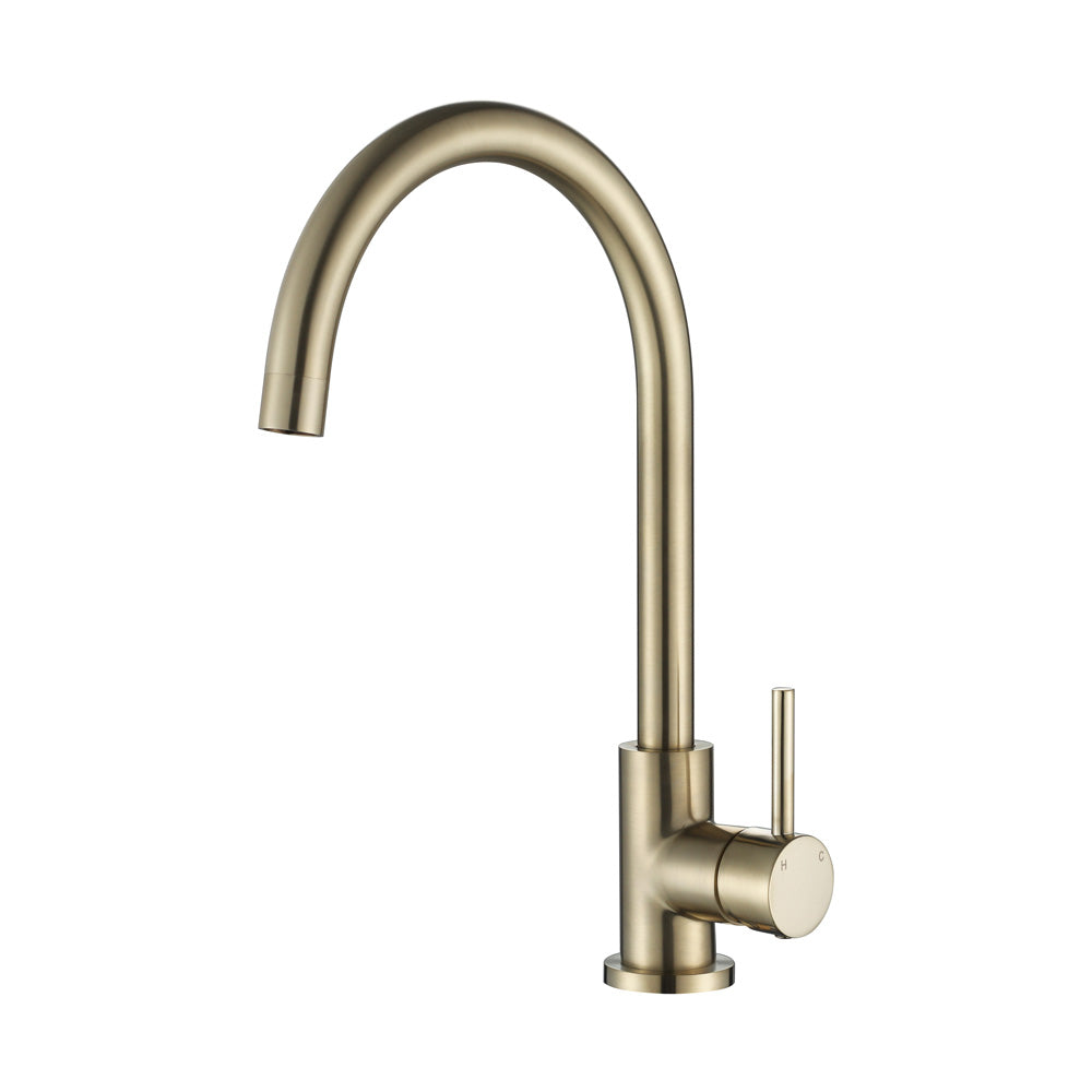 a brushed gold kitchen laundry mixer tap with a gooseneck on a white background